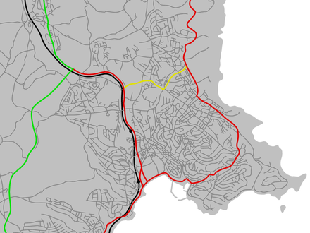 Transport in Torquay – the railway (black, with Torre and Torquay stations marked), A380 (green), A3022 and A379 (red), and B3199 (yellow)