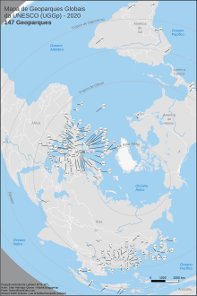 Mapa de localização dos 147 Geoparques Globais da UNESCO (UGGp) – 2020