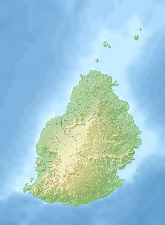 Mapa konturowa Mauritiusa, na dole po prawej znajduje się punkt z opisem „miejsce bitwy”