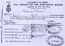 Authority to wear the British War Medal (and ribbon) and the Mercantile Marine Medal (and clasp, ribbon) issued to Minnie Mason for her work on English Channel ferries throughout World War I Minnie's authority to wear medals cert.jpg