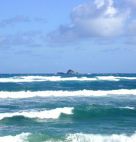 Mōkōlea Rock in Kailua Bay, O‘ahu, Hawai‘i, 2.2 kilometres (1.4 mi) off North Beach, Marine Corps Base Hawaii