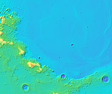 Topographic map of the area (yellow means highlands, and blue means lowlands) Montes Haemus (GLD100).jpg
