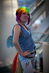 An attendee at the 2011 Anime Expo, cosplaying as the character Rainbow Dash My little pony fim cosplay anime expo 2011.jpg