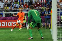 Andersen with Wesley Sneijder of the Netherlands at Euro 2012. He kept a clean sheet as Denmark won 1-0. NED-DEN Euro 2012 (22).jpg