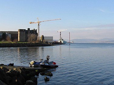 Newark Castle stands close to the last shipyard on the Lower Clyde Newark Castle and Clyde.jpg