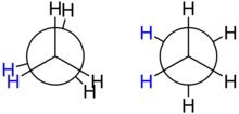 Newman projections of the two conformations of ethane: eclipsed on the left, staggered on the right. Newman projection ethane.png