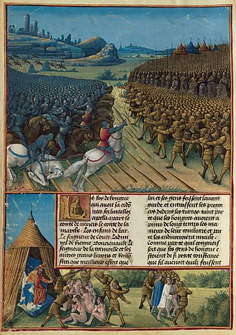 Oben: Die Schlacht von Nikopolis. Unten: Hinrichtung der gefangenen Ritter durch Bajezid