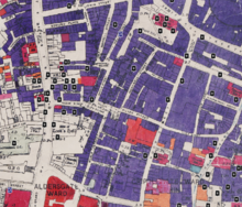 Noble Street and surrounding area bombing, mapped in 1945. From the centre of the image upwards can be seen semi-circle lines, representing the London Wall bastions 12-14 which were incorporated into buildings. Noble Street and surrounding area Bombing, mapped in 1945.png