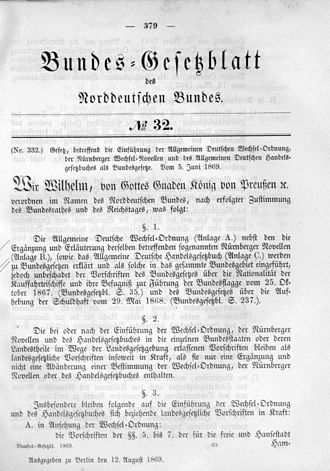 Announcement for the North German Confederation (1869) Norddeutsches Bundesgesetzblatt 1869 032 379.jpg