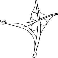 Depiction of State Route 11 / State Route 82 modified cloverleaf interchange near Warren, Ohio OH11-OH82 JCT.png