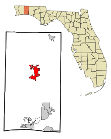 Okaloosa County Florida Obszary włączone i nieposiadające osobowości prawnej Crestview Highlighted.svg