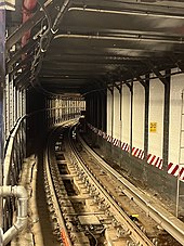 The now-closed northbound platform at the Times Square station, as viewed from the current shuttle platform