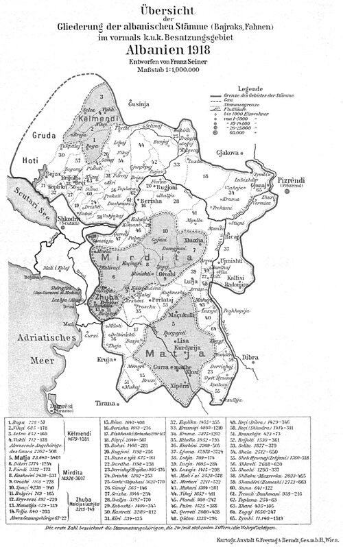 Albanian bajraks (1918). Kelmendi bajraks are numbered 1–4.