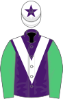 Purple, white chevron, emerald green sleeves, white cap, purple star