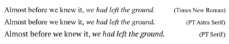 PT Astra Serif is visually similar to PT Serif, but metrically equivalent to Times New Roman. All fonts shown are set to the same size. PT Serif vs PT Astra Serif.png