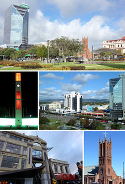 Dans le sens des aiguilles d'une montre à partir du haut : la place, le quartier central des affaires, l'église All Saints, la bibliothèque municipale, la tour de l'horloge carrée