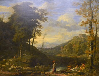 Paysage arcadien avec bergers et joueur de flûte (1686), musée du Louvre, Paris[4].