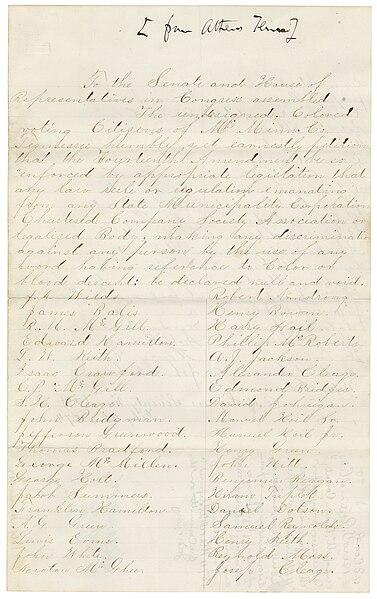 File:Petition of Colored Citizens of McMinn County, Tennessee, Praying for Protection of Civil Rights under Fourteenth Amendment - NARA - 5637786 (page 1).jpg