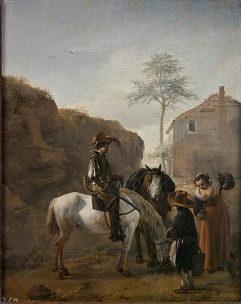 File:Philips Wouwerman - Landschap met halthoudende jager en zijn pakpaard, een vrouw die drank inschenkt en een jongen met emmer, op de achtergrond een huis - P002145 - Museo del Prado.jpg