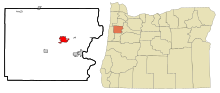 Polk County Oregon Sisällytetyt ja rekisteröimättömät alueet Dallas Highlighted.svg