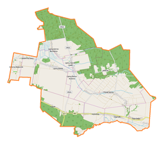 Mapa konturowa gminy Potok Górny, na dole po prawej znajduje się punkt z opisem „Parafia św. Jana Chrzciciela”