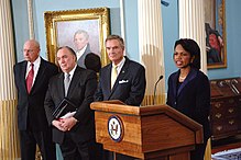 Secretary of State Condoleezza Rice with (left to right): Tom Pickering, John Engler and John Breaux at the presentation of final report of the Secretary's Advisory Committee on Transformational Diplomacy in 2008 Presentation of Final Report of the Secretary's Advisory Committee on Transformational Diplomacy.jpg