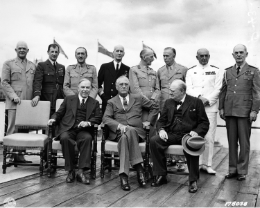 On August 18, 1943 at the first Quebec Conference. (King, Roosevelt, Churchill. Behind: General "Hap" Arnold (commander USAAF), Air Chief Marshal Charles Portal (Chief of the Air Staff), General Sir Alan Brooke (Chief of the Imperial General Staff), Admiral Ernest King (Chief of Naval Operations), Field Marshal Sir John Dill (Senior British Representative), General George C. Marshall (Chief of Staff US Army, Admiral Sir Dudley Pound (First Sea Lord), and Admiral William D. Leahy (Chief of Staff to Roosevelt)