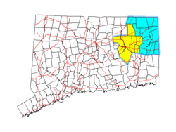 Map of Connecticut showing the Northeastern Connecticut region in blue and the Windham region in yellow. Quietcorner.png