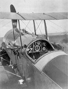 RNAS Bristol Scout D with twin unsynchronized Lewis guns fitted to mounts, similar to RFC Captain Hawker's Scout Cs, enabling them to be fired obliquely outside the arc of the propeller RNAS Bristol Scout D w-twin Lewis guns.jpg