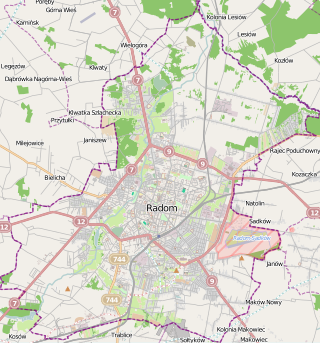 Mapa konturowa Radomia, blisko centrum na lewo znajduje się punkt z opisem „Bazylika św. Kazimierza w Radomiu”