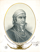 José María Morelos in art: monochrome portrait with colored oval frame and decoration