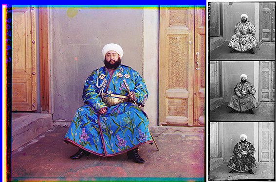Simple, unretouched color composite of Alim Khan, Emir of Bukhara, 1911. At right, the original triple negative on glass, shown here in positive form. Prokudin-Gorsky photographed the upper, middle and lower images through blue, green and red filters.