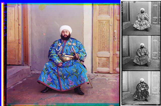 A photograph of Mohammed Alim Khan (1880–1944), Emir of Bukhara, taken in 1911 by Sergey Prokudin-Gorsky using three exposures with blue, green, and r