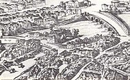 Urbis Romae Prospectus (1593; detalj). I mitten Tiberön, i bildens övre högra hörn Hercules Victors tempel.