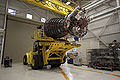 Shuttle main engine secured on a forklift