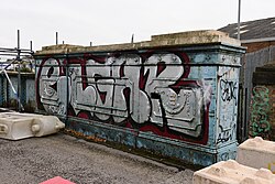 Extensive graffiti on the right-hand side of the western half of the long-defunct Sculcoates Bridge in Kingston upon Hull.