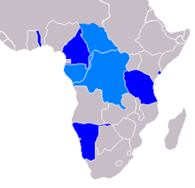 Possible outcome of a German victory in Africa with German pre-WW1 possessions in dark blue and gains in medium blue Septemberprogramm possible outcome in Africa.png