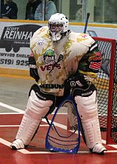 Shelburne goalie during 2015 season. Shelburne Vets goalie camo 2015.jpg