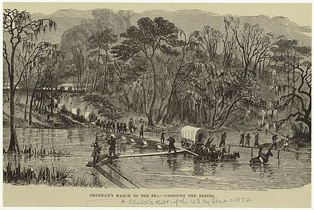 Lithograph of Howard's Corps of Sherman's Army crossing the Edisto during the Carolinas campaign from 1872 children's textbook