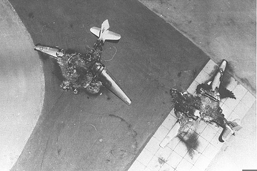 Six Day War. Egyptian air force base attacked. Egyptian planes destroyed on the ground. June 1967.