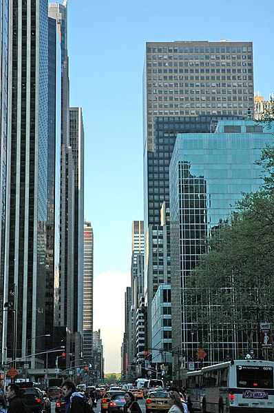The "skyscraper alley" of International Style buildings along the avenue looking north from 40th Street to Central Park