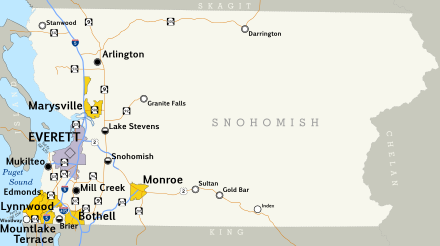 Map of Snohomish County, showing incorporated places and major highways