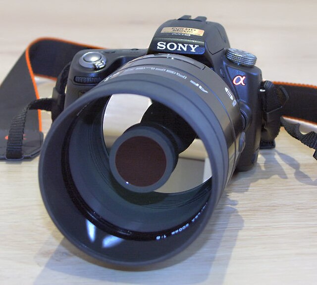 Minolta AF 500 mm F/8 catadioptric lens mounted on a Sony Alpha 55 camera