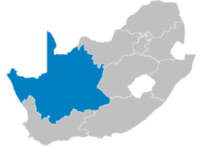 Kart over Noord-Kaap (afrikaans) Kapa Bokone (setswana) uMntla-Koloni (xhosa) Northern Cape (engelsk)