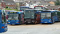 English: Various Southern Vectis vehicles in the yard of the company's depot at Ryde, Isle of Wight. The two blue buses have come from Bluestar, and were being used on school services at the time. On the left is 509 (M846 RCP), a DAF SB220/Northern Counties Paladin. In the middle is 597 Hamstead Point (ODL 447), a Volvo B10M/Plaxton Excalibur, which had come out of the paint shop in the last couple of days, being the last coach in old Fountain Coahces livery to recieve the new version. On the right is 625 (K125 BUD), a Volvo B10B/Plaxton Paladin.