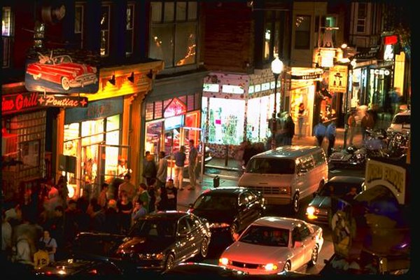 The 300 block of South Street at night from the corner of 3rd and South streets