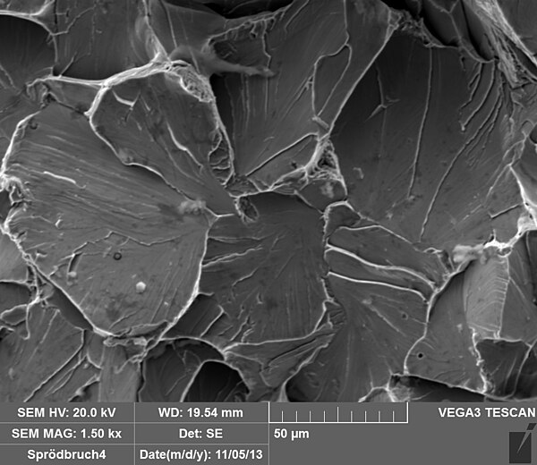 Brittle cleavage fracture surface from a scanning electron microscope