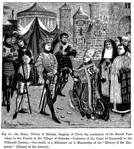 File:St Remy Bishop of Rheims begging of Clovis the restitution of the Sacred Vase taken by the Franks in the Pillage of Soissons.png