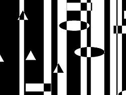 In this image, there are white regions and black regions, representing 1s and 0s in the stencil buffer respectively. Shapes are then drawn on top of the stripes by inverting the value of the stencil buffer. If the buffer at that pixel has a value of 0 (black), color the pixel white (1) and vice versa. Stencilb&w.JPG