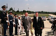 Secretary of Defense William S. Cohen escorts Spielberg through a military honor cordon into the Pentagon in 1999. Steven Spielberg 1999 2.jpg
